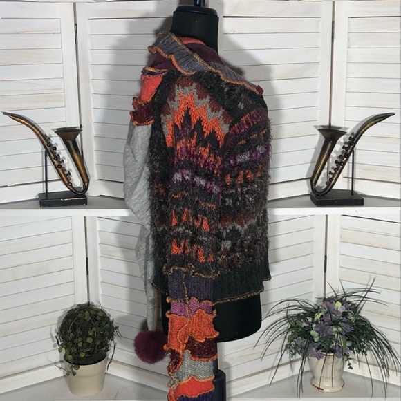 Handcrafted Patch Knitted Sweater Upcycled Fairy Elf Pointy Hood Multicolor sz M - Picture 3 of 14